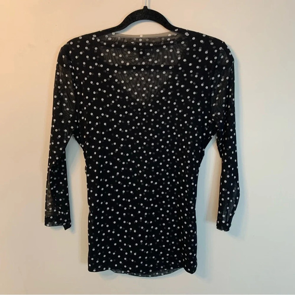 INC black white polka dot V-neck blouse  3/4 sleeve mesh M - Picture 2 of 9